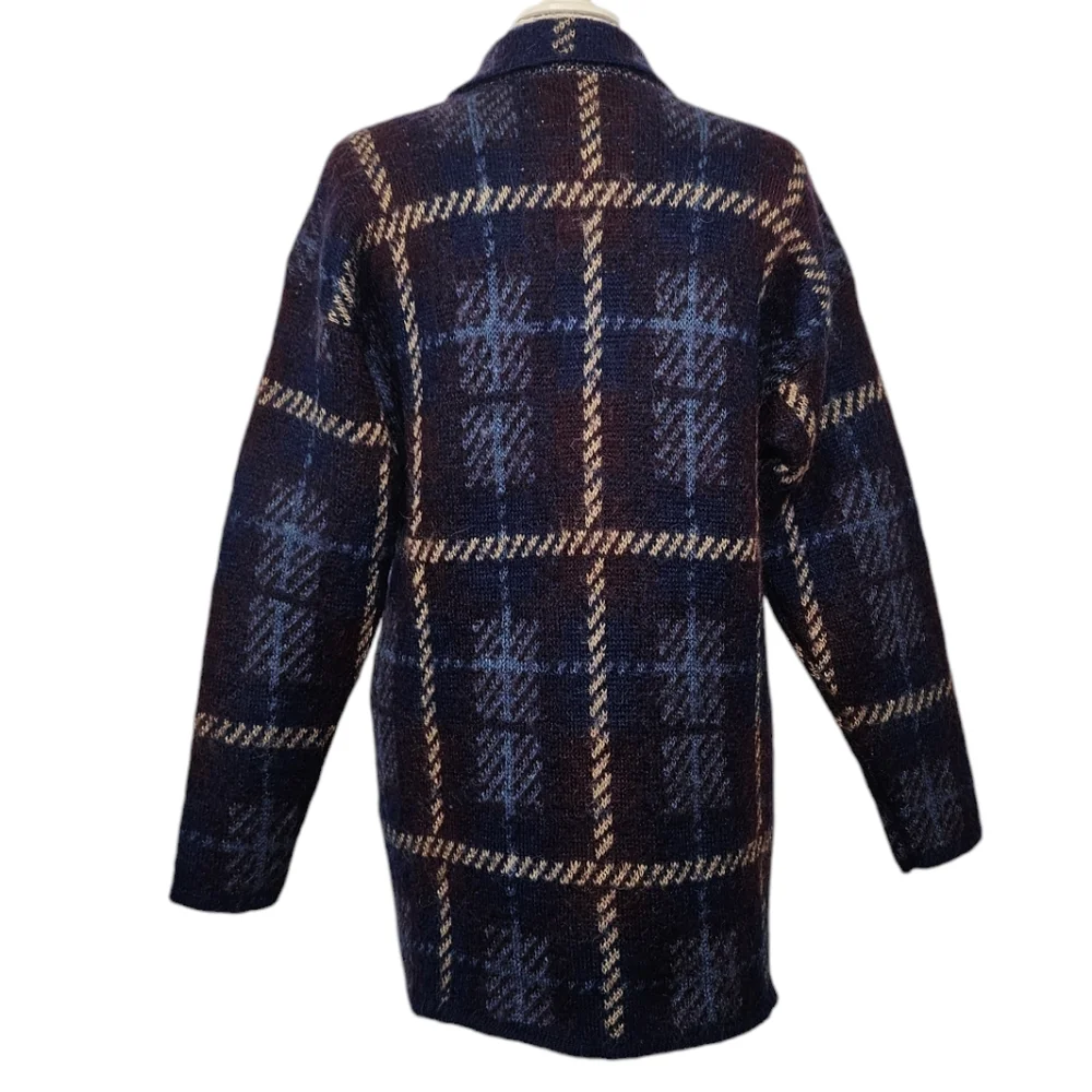 Vintage Mohair Blend Plaid Oversized Cardigan Sweater Navy Burgundy Tan M - Picture 4 of 11
